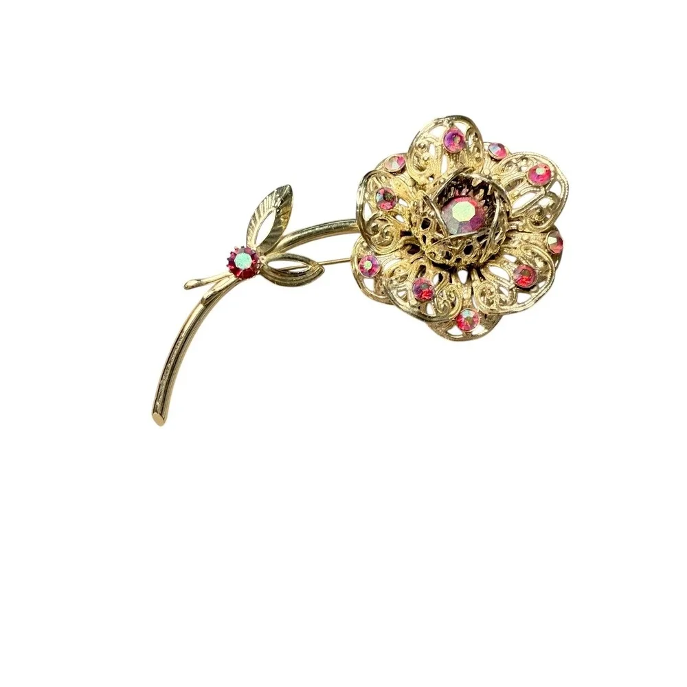 Vintage Sarah Coventry Aurora Borealis Flower Brooch Gold Tone Rhinestone Pin